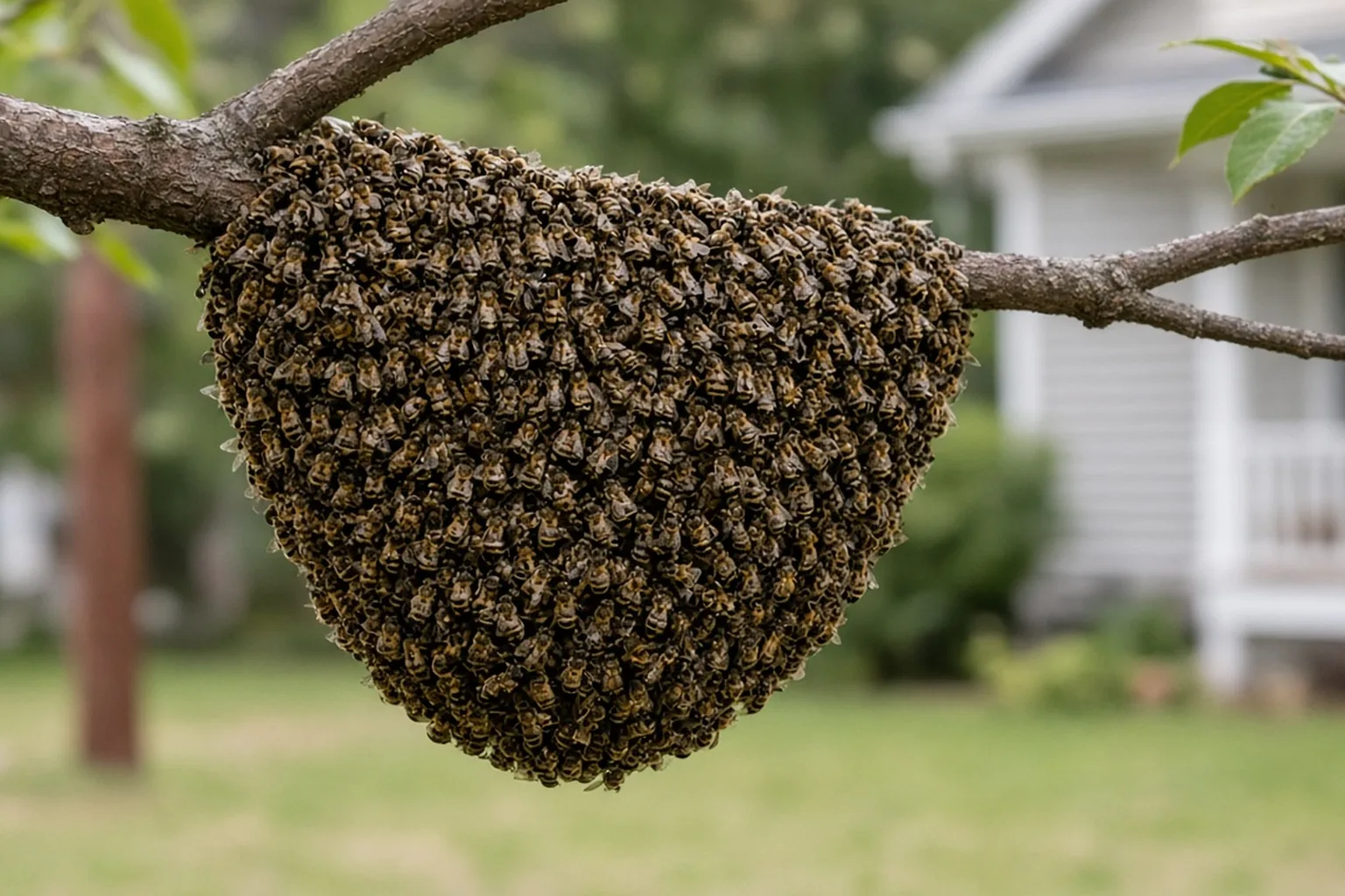 Honey bee swarm cluster on a low tree branch