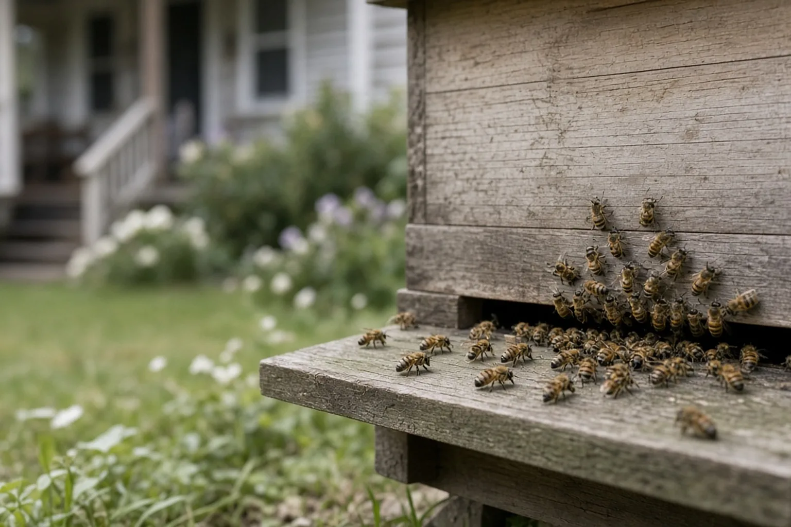 Bees at a hive entrance in a residential yard