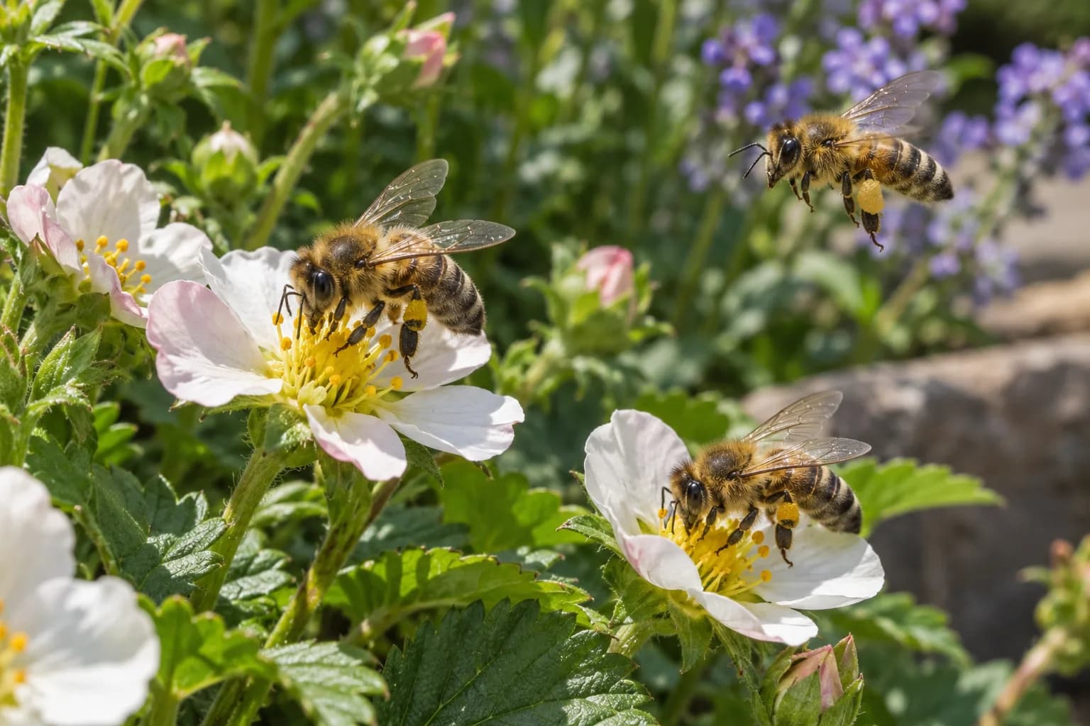 Bees visiting garden flowers